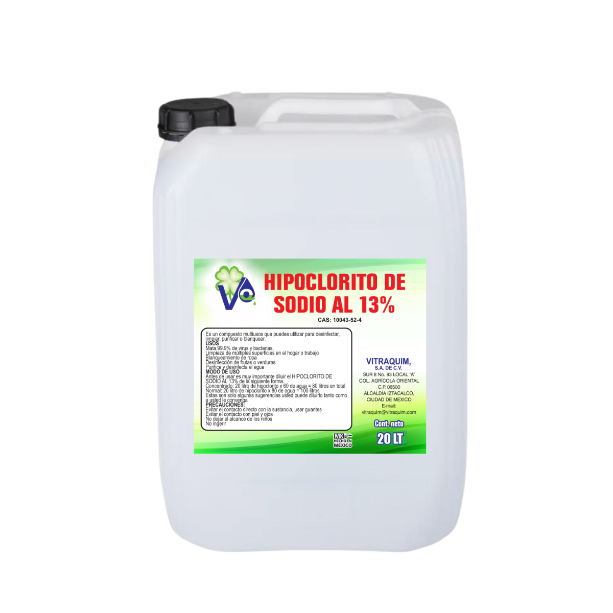 20 Litros De Hipoclorito De Sodio Al 13% Vitraquim Materia